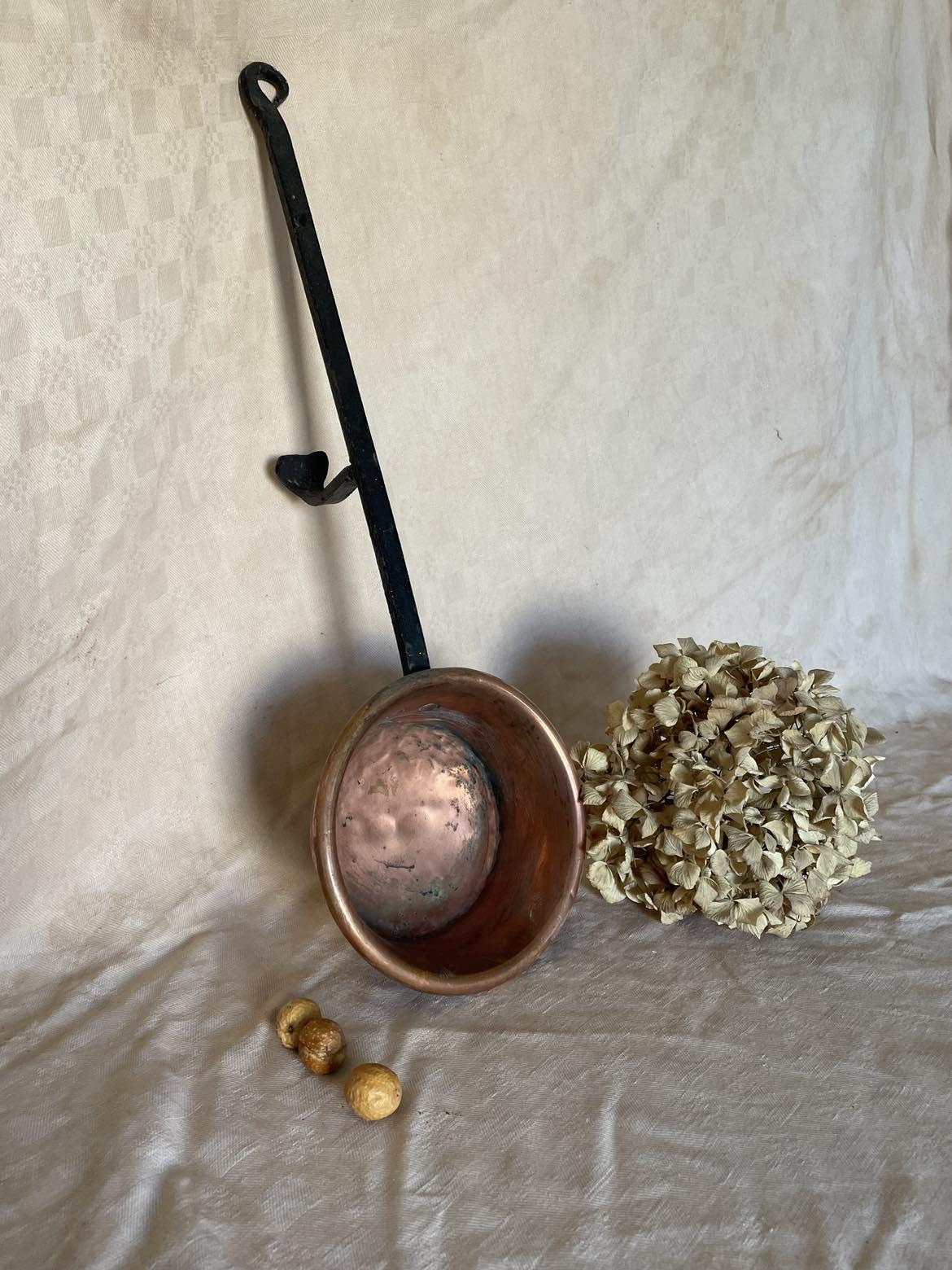 Antique Copper pan with footed long iron handle