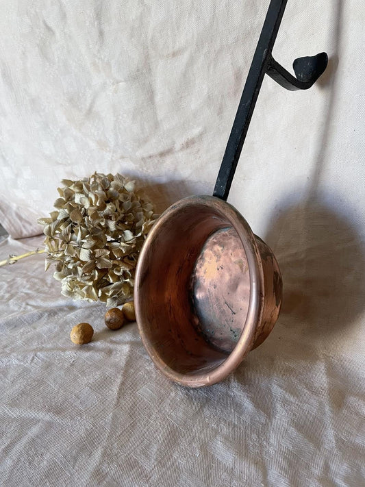Antique Copper pan with footed long iron handle