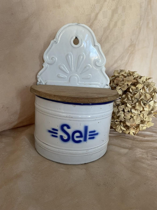 Enamelled wall mounted salt box