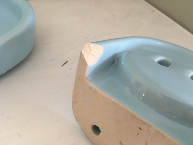 1970's pale blue porcelain wall mounted ceramic shelf and soap dish