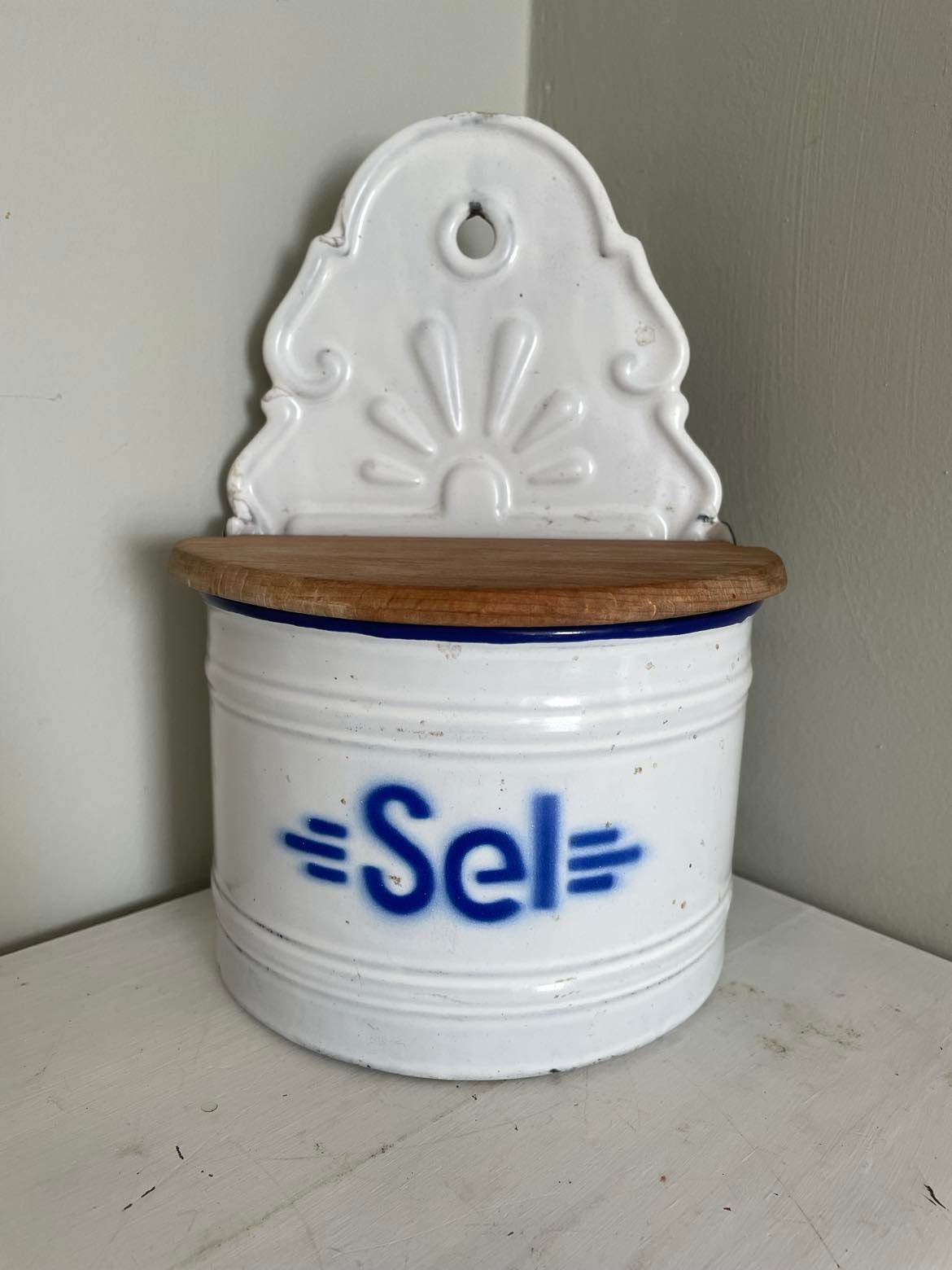 Enamelled wall mounted salt box