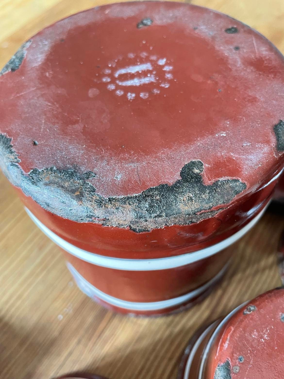 Set of 6 Vintage French  Enamelware Kitchen Cannisters