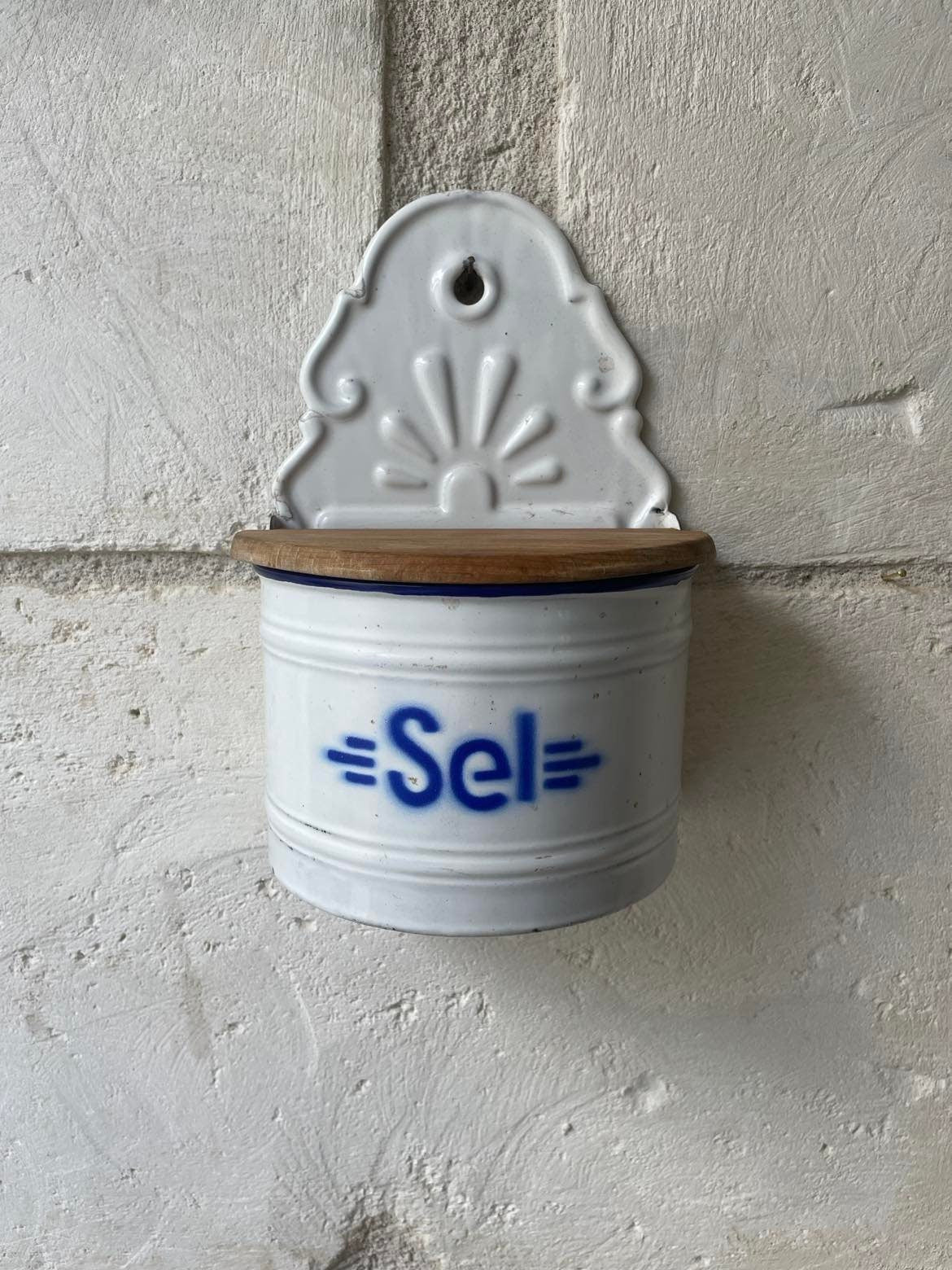 Enamelled wall mounted salt box