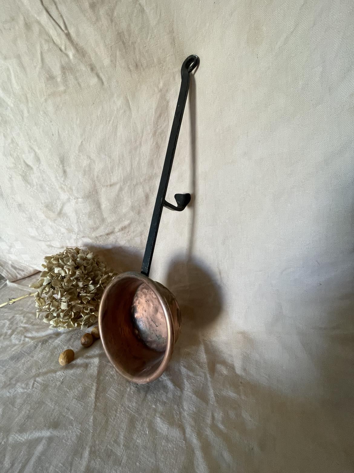 Antique Copper pan with footed long iron handle