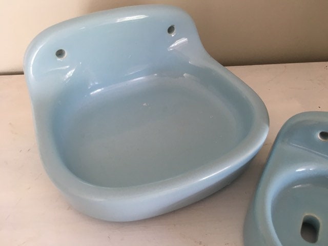 1970's pale blue porcelain wall mounted ceramic shelf and soap dish