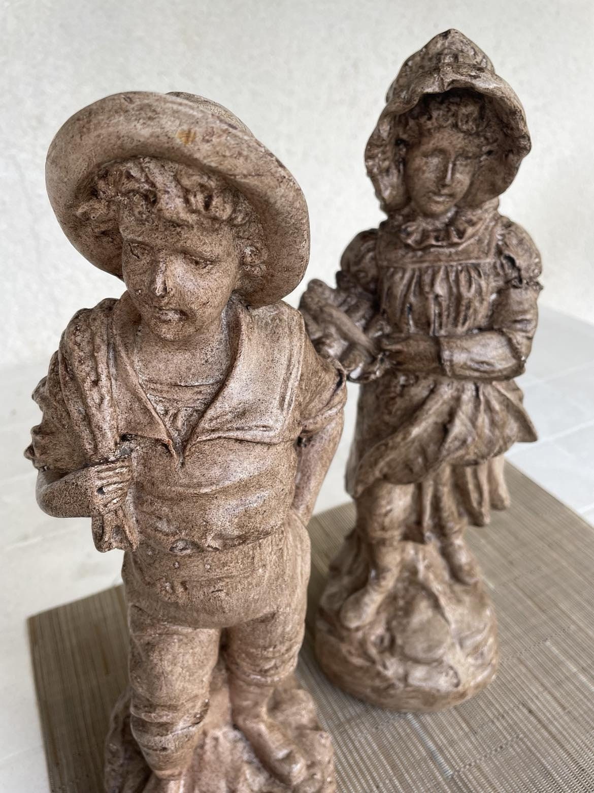 Vintage Plaster Figurines: Boy with Net & Girl with Fish Basket