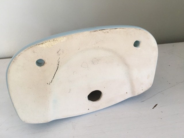 1970's pale blue porcelain wall mounted ceramic shelf and soap dish