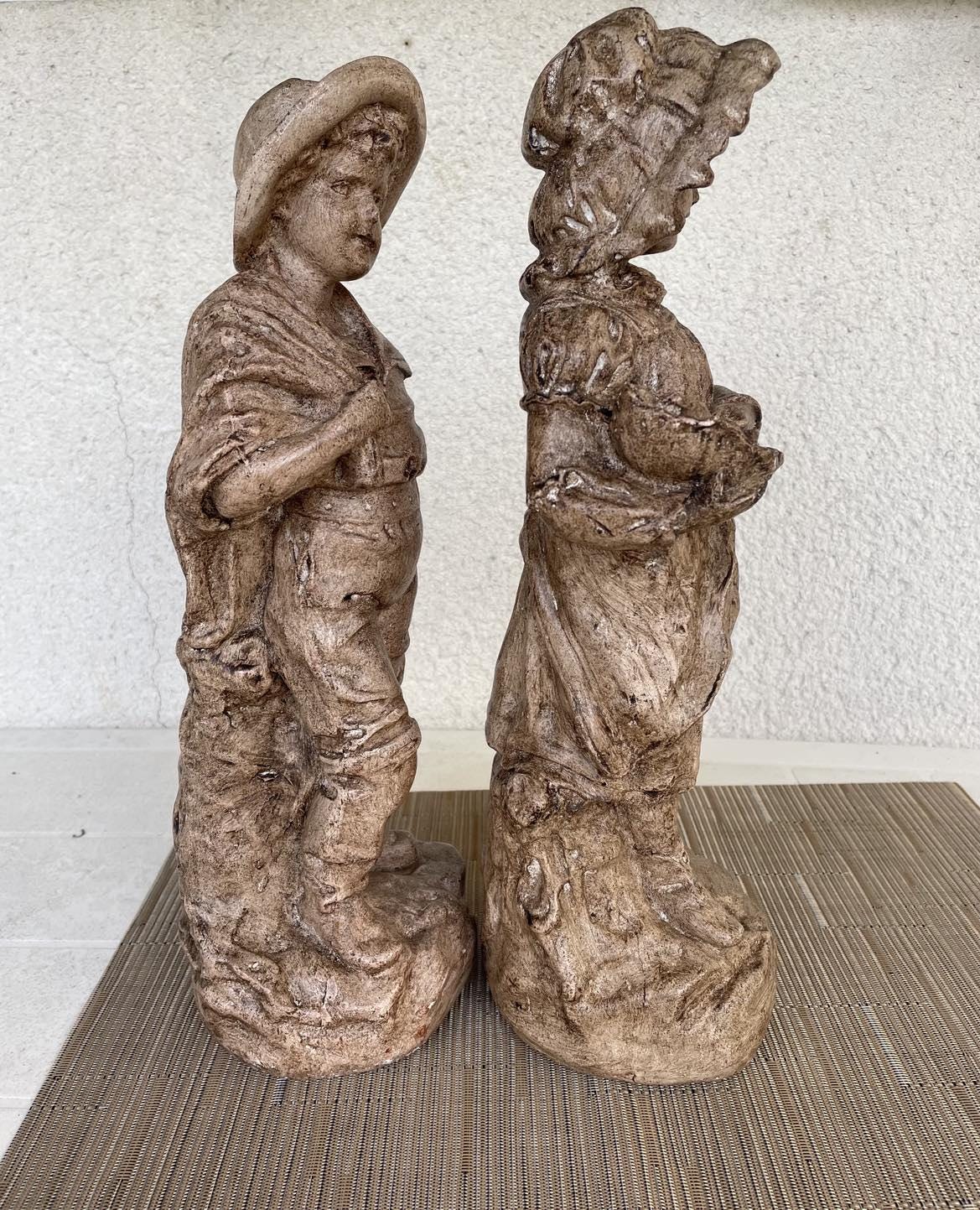 Vintage Plaster Figurines: Boy with Net & Girl with Fish Basket