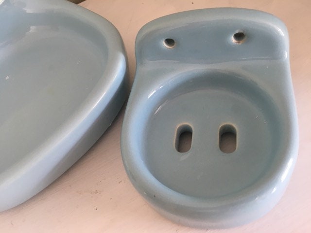 1970's pale blue porcelain wall mounted ceramic shelf and soap dish
