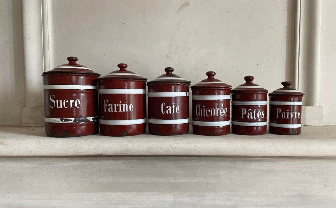 Set of 6 Vintage French  Enamelware Kitchen Cannisters
