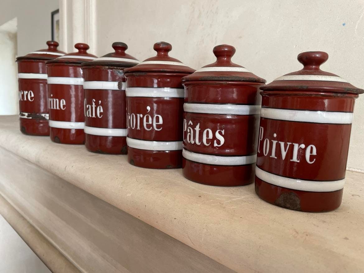 Set of 6 Vintage French  Enamelware Kitchen Cannisters