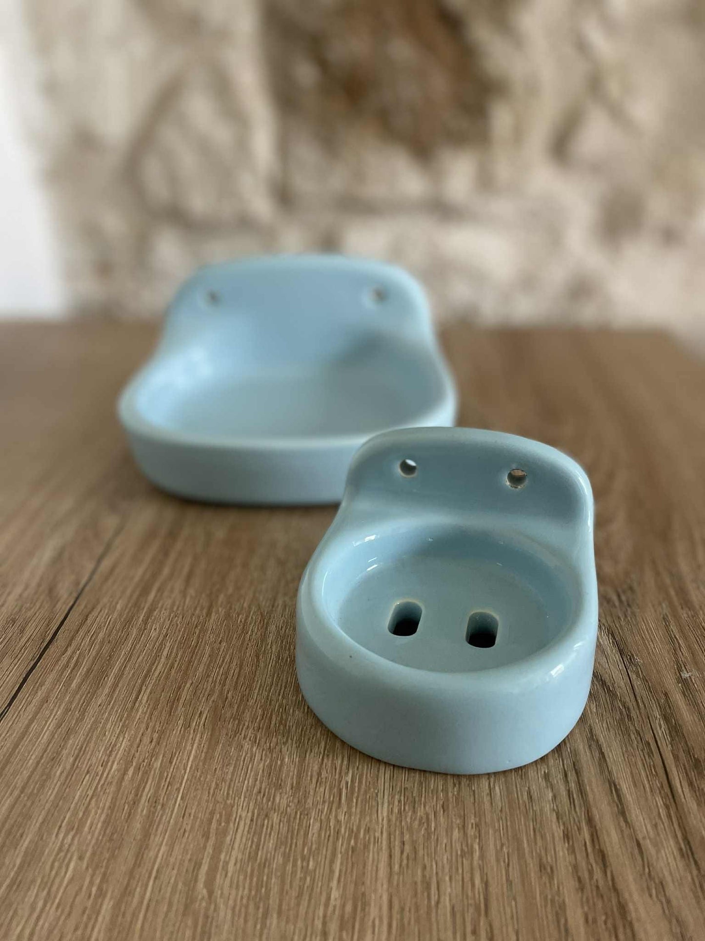 1970's pale blue porcelain wall mounted ceramic shelf and soap dish