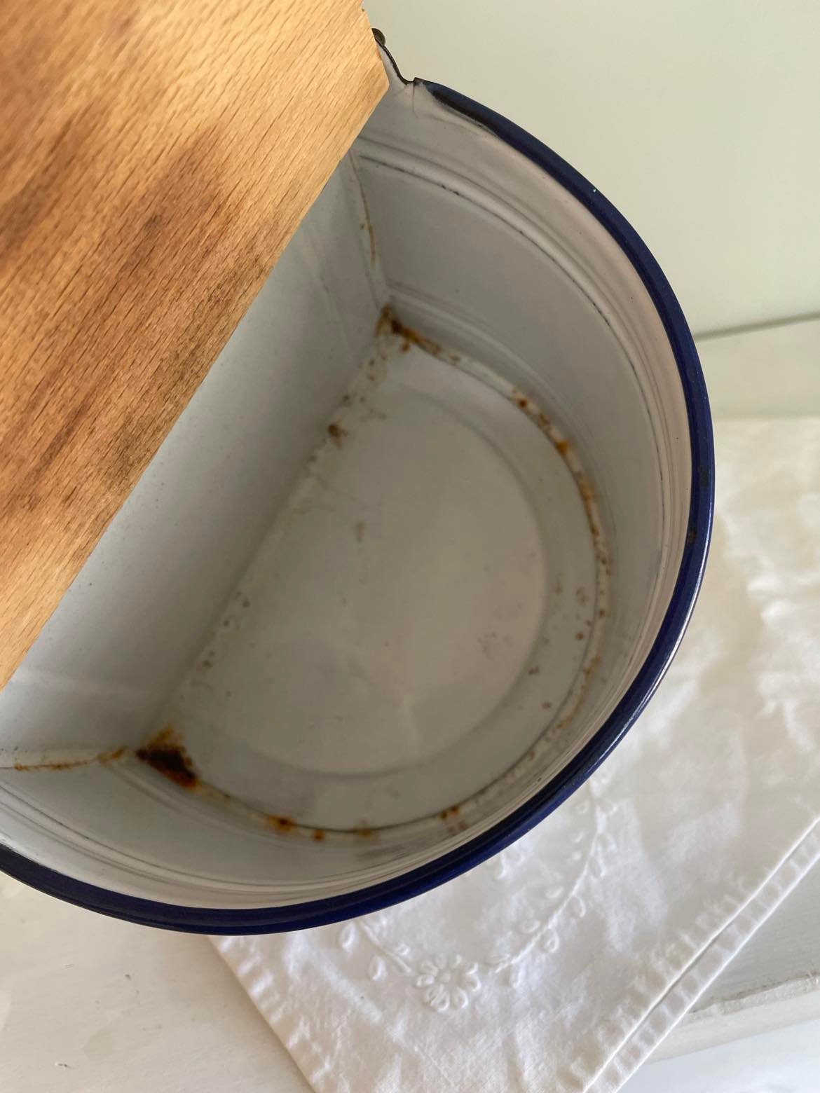 Enamelled wall mounted salt box