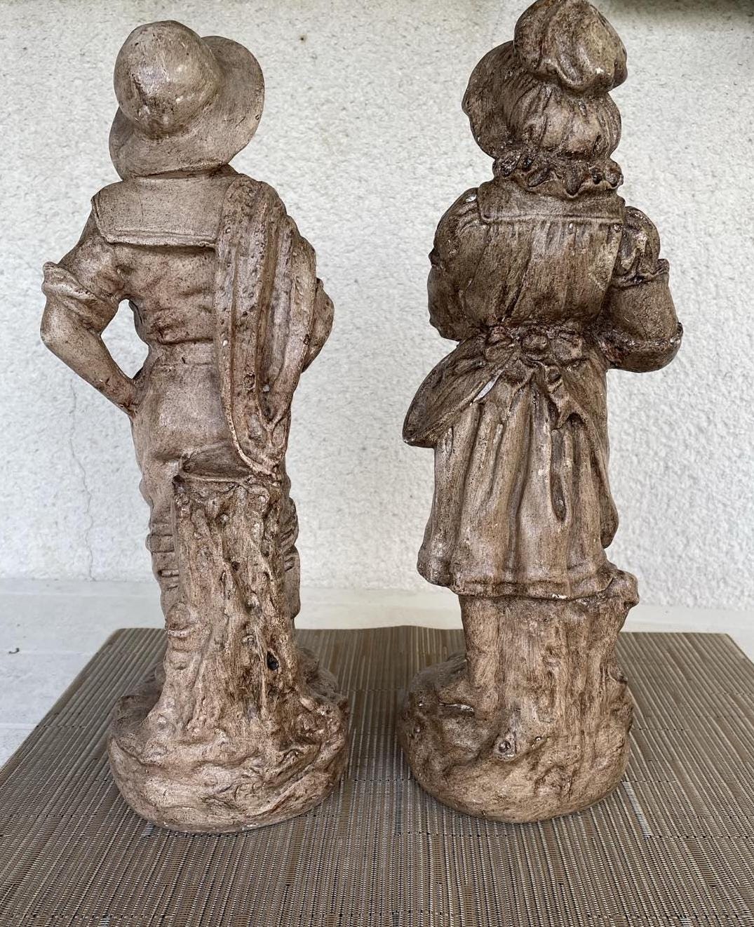 Vintage Plaster Figurines: Boy with Net & Girl with Fish Basket