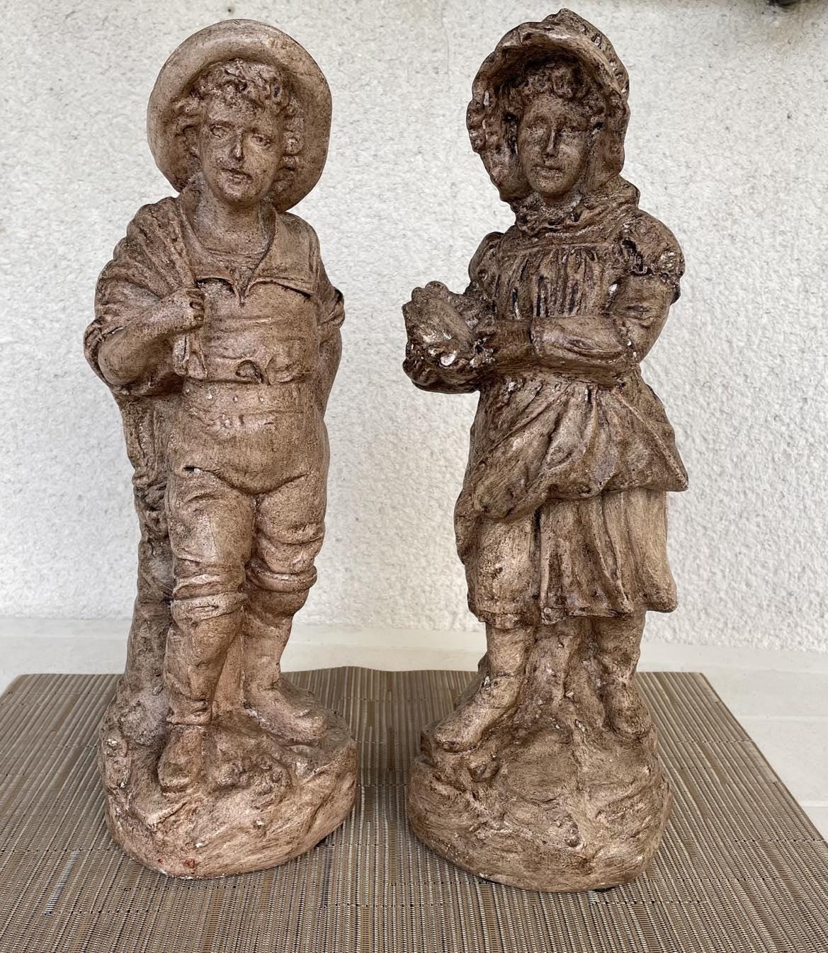 Vintage Plaster Figurines: Boy with Net & Girl with Fish Basket