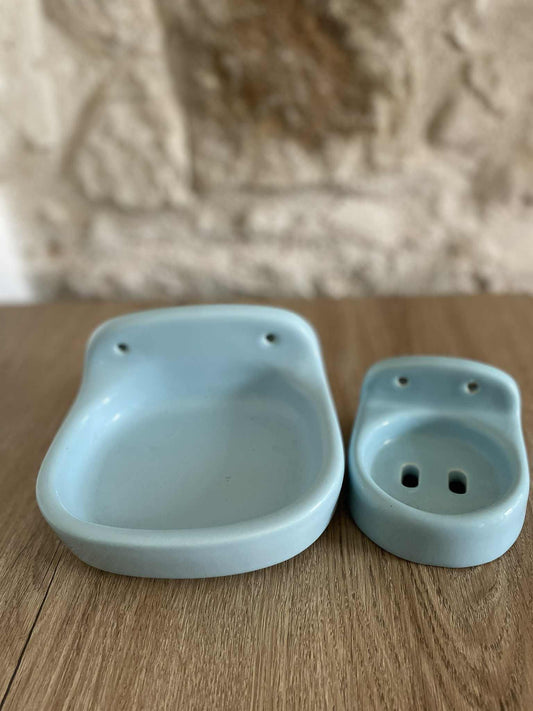 1970's pale blue porcelain wall mounted ceramic shelf and soap dish