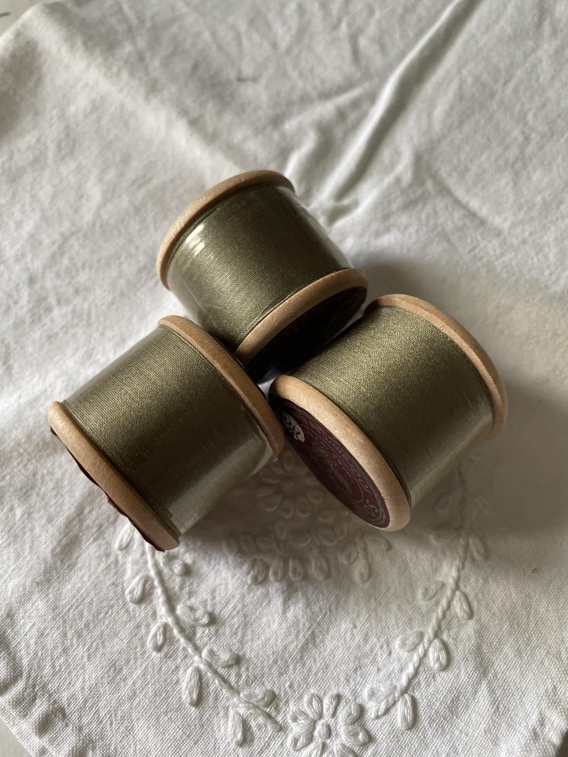 3 Vintage wooden spools of silk thread