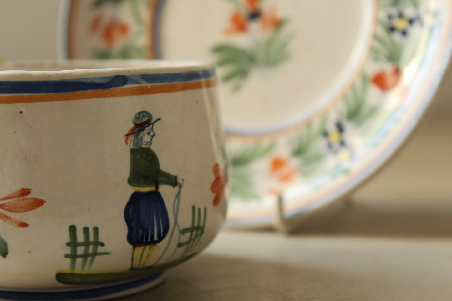 Vintage Henriot Quimper France 118  Hand painted Breton cup and saucer