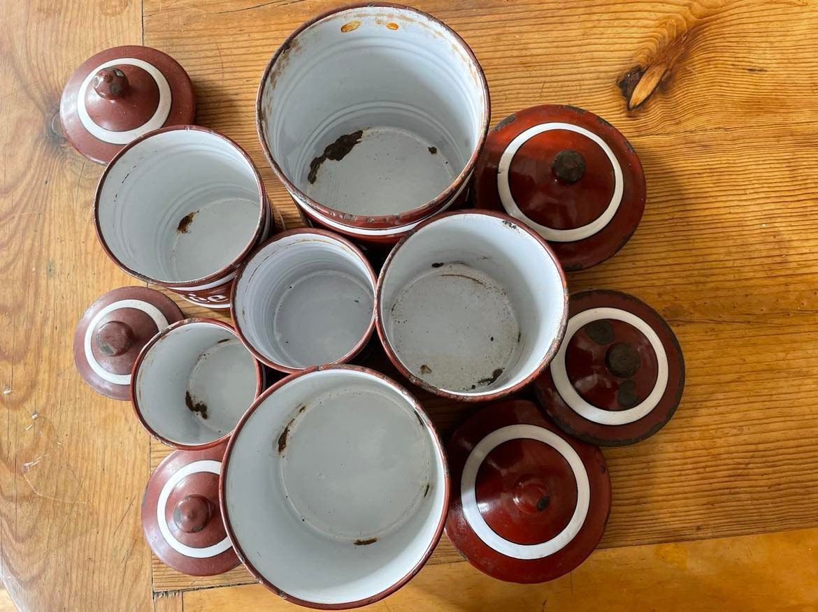 Set of 6 Vintage French  Enamelware Kitchen Cannisters