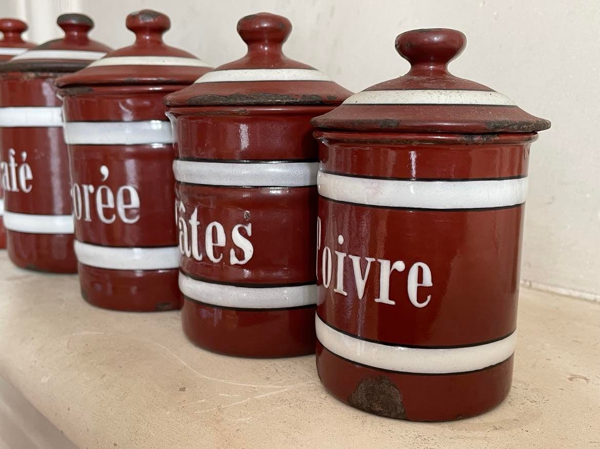 Set of 6 Vintage French  Enamelware Kitchen Cannisters