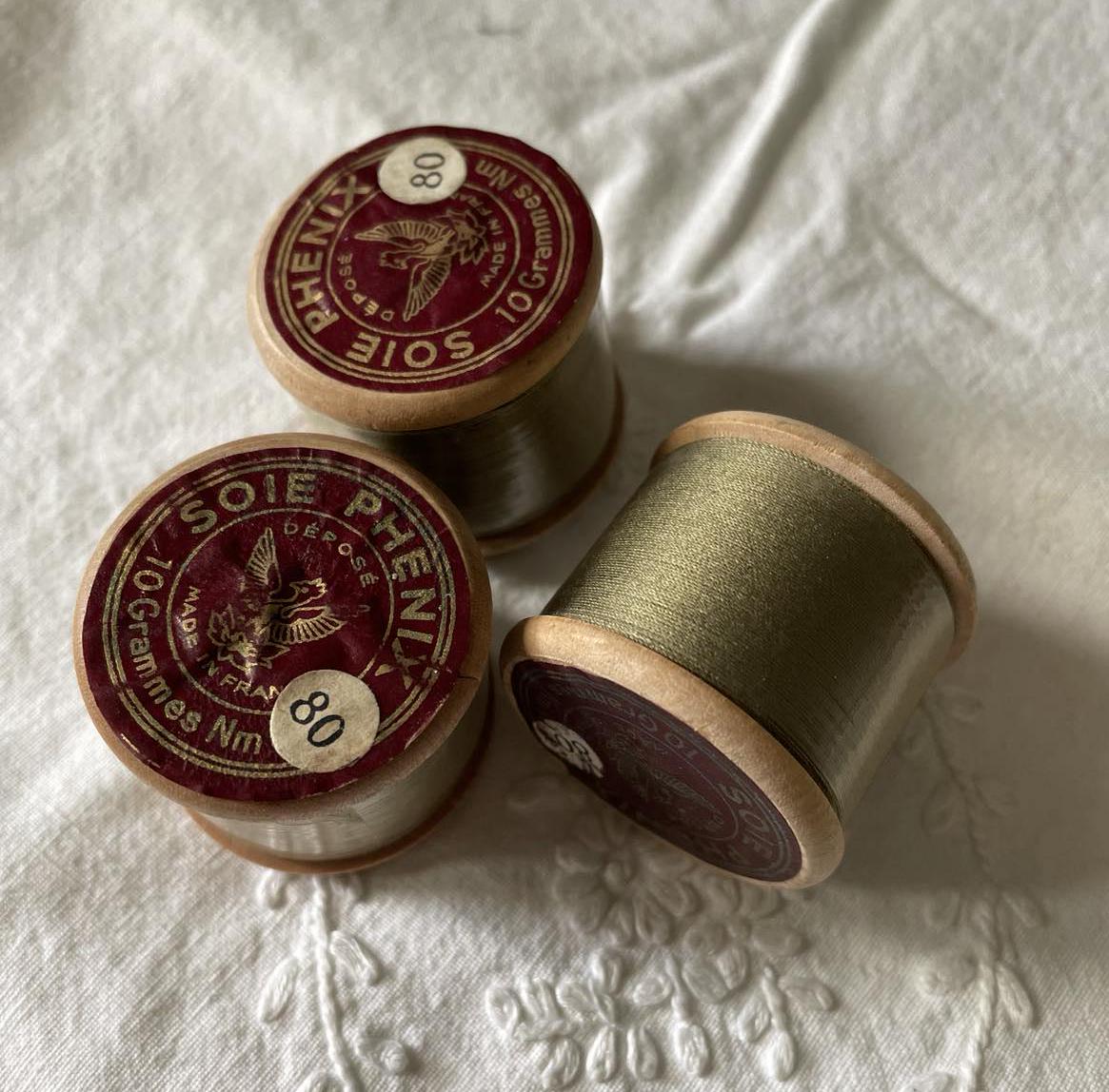 3 Vintage wooden spools of silk thread