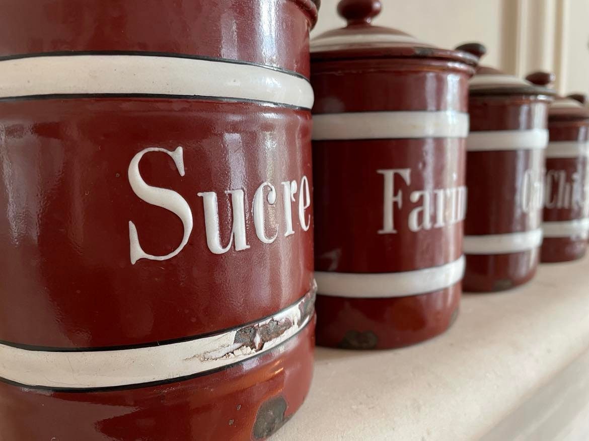 Set of 6 Vintage French  Enamelware Kitchen Cannisters