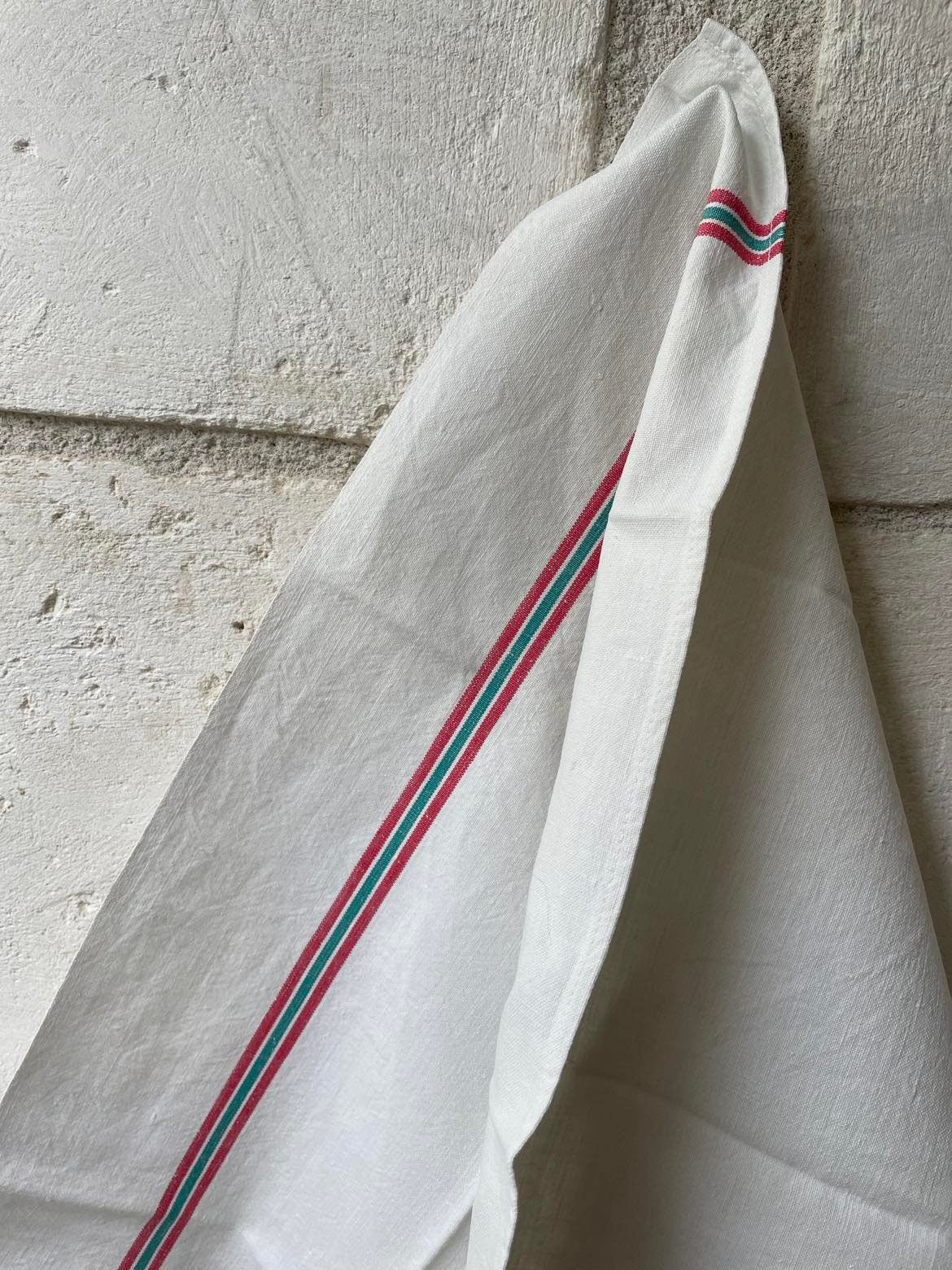 A single red and green stripe Metis ( linen/cotton mix) tea towel