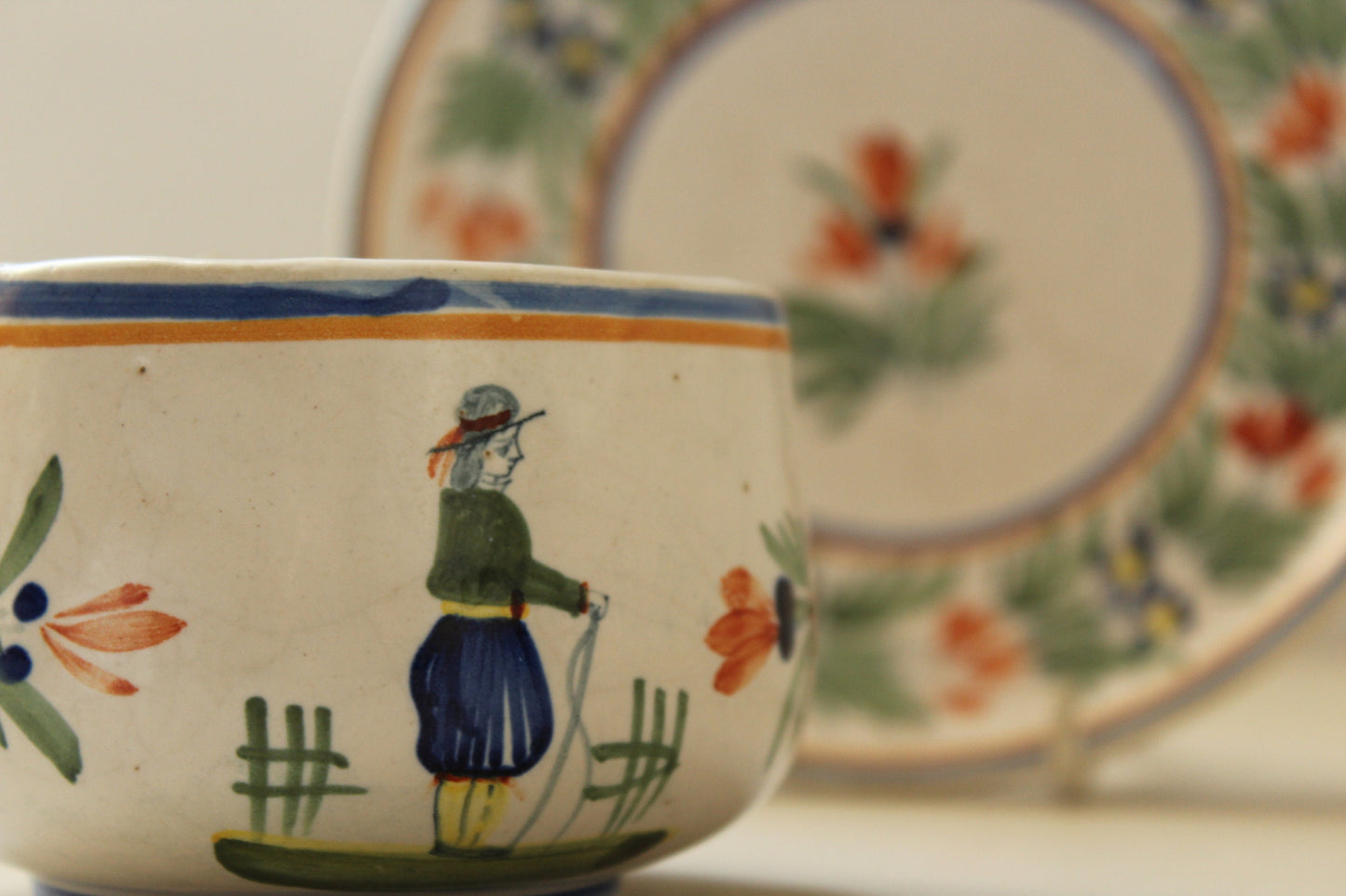 Vintage Henriot Quimper France 118  Hand painted Breton cup and saucer