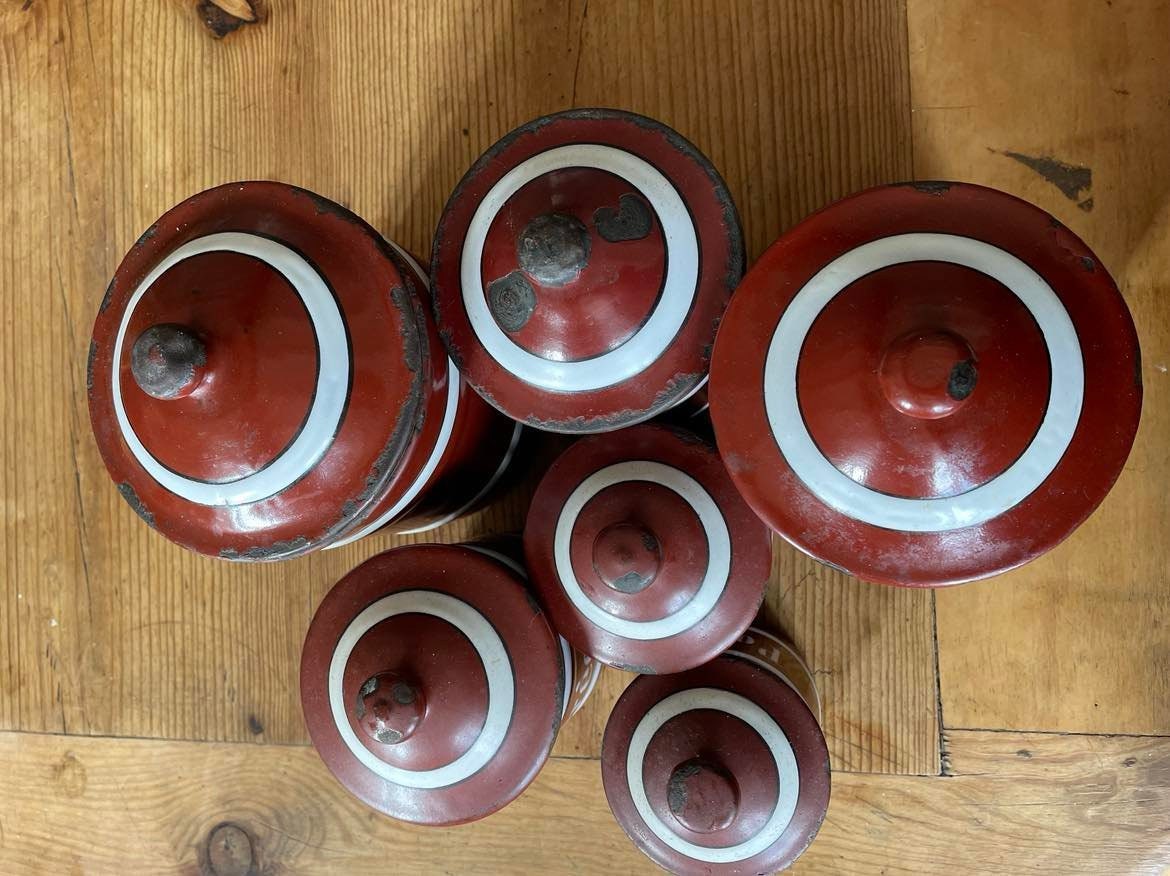 Set of 6 Vintage French  Enamelware Kitchen Cannisters