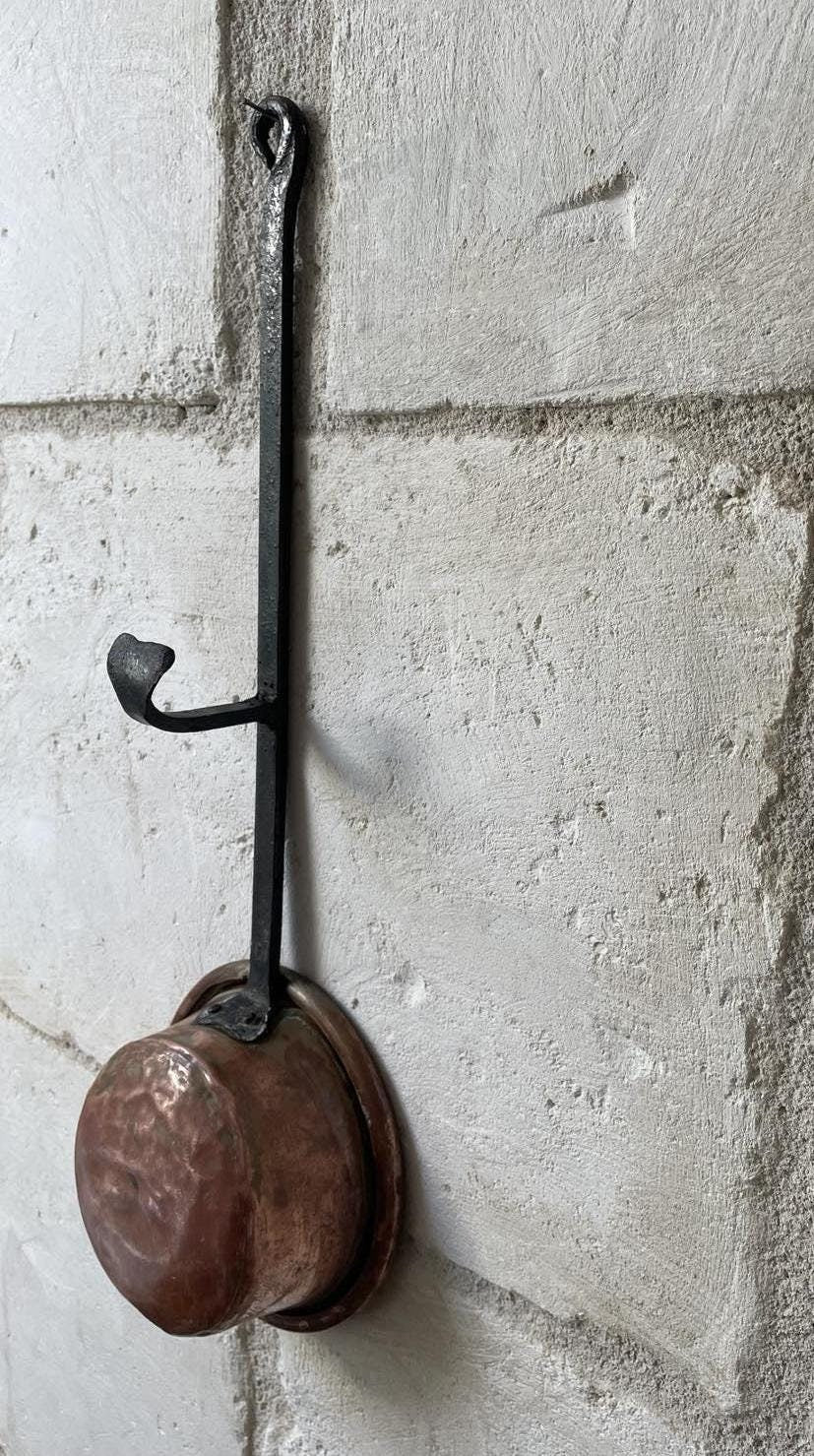 Antique Copper pan with footed long iron handle