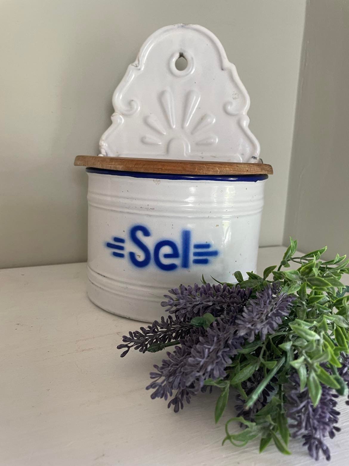 Enamelled wall mounted salt box