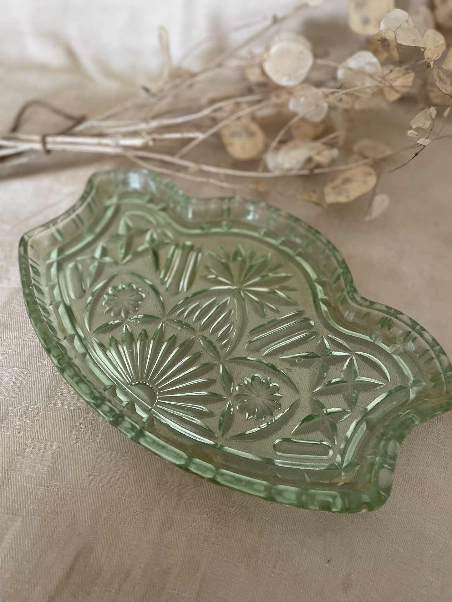 Art Deco green glass vanity Tray