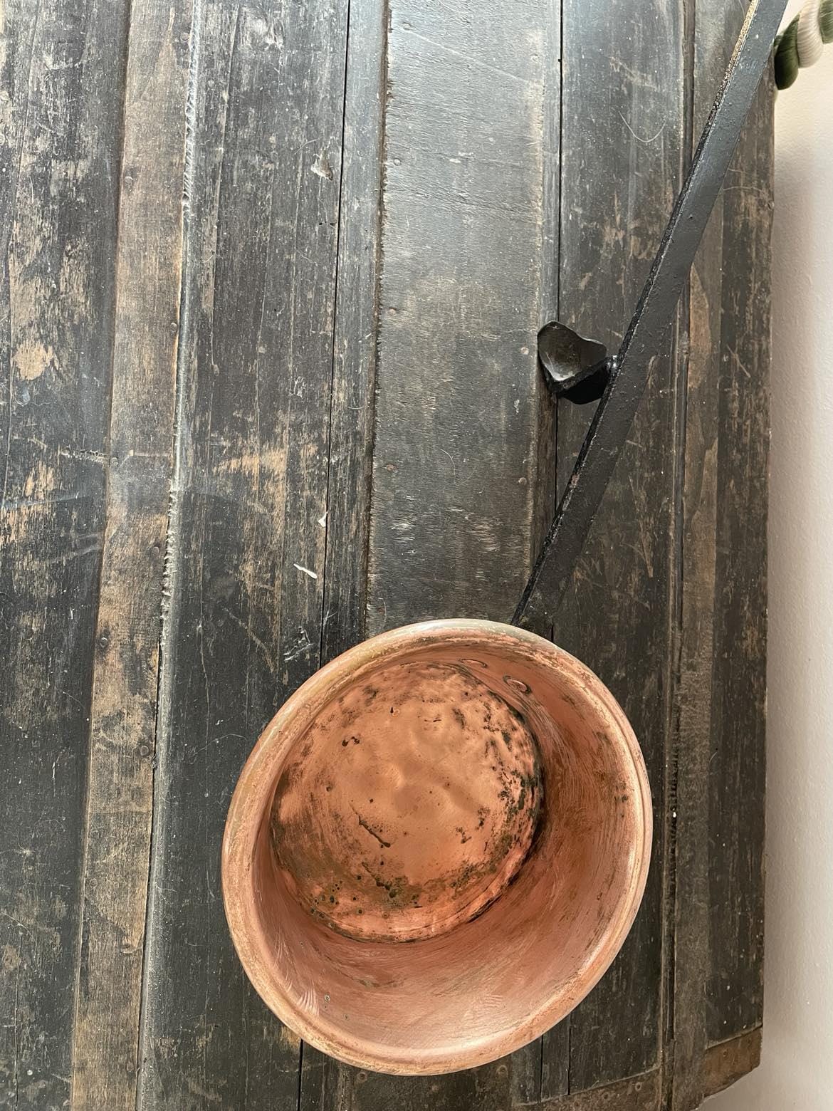 Antique Copper pan with footed long iron handle