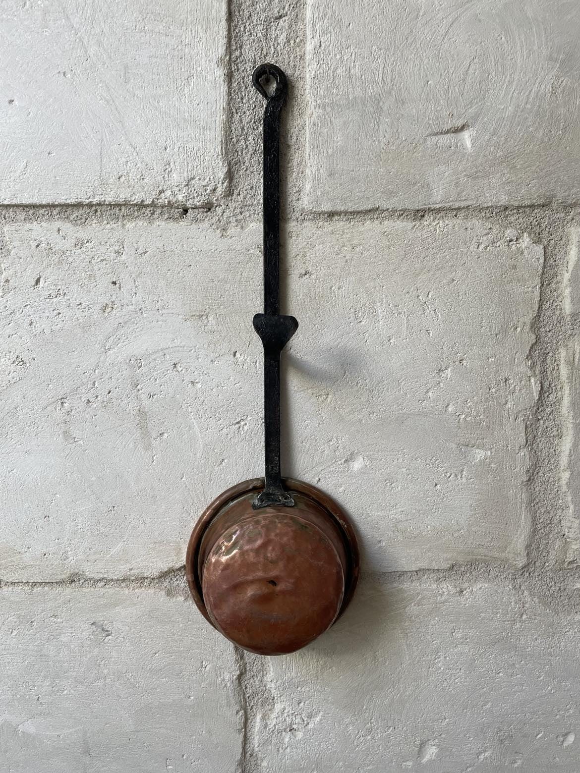 Antique Copper pan with footed long iron handle